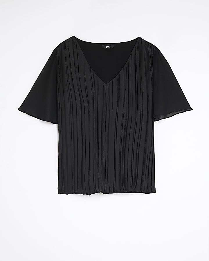 Black V Neck Pleated Hybrid Top