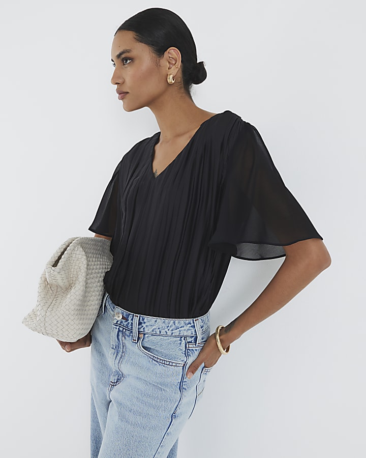 Black V Neck Pleated Hybrid Top