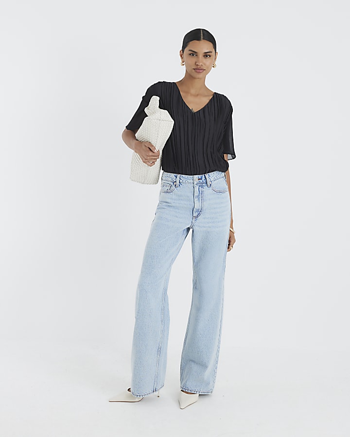 Black V Neck Pleated Hybrid Top