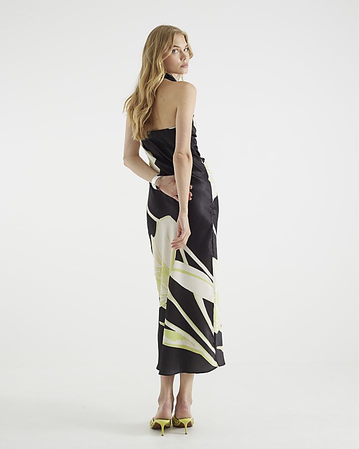 Black Satin Floral Cowl Neck Slip Dress