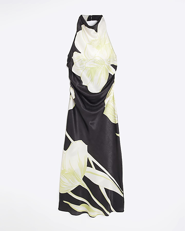 Black Satin Floral Cowl Neck Slip Dress