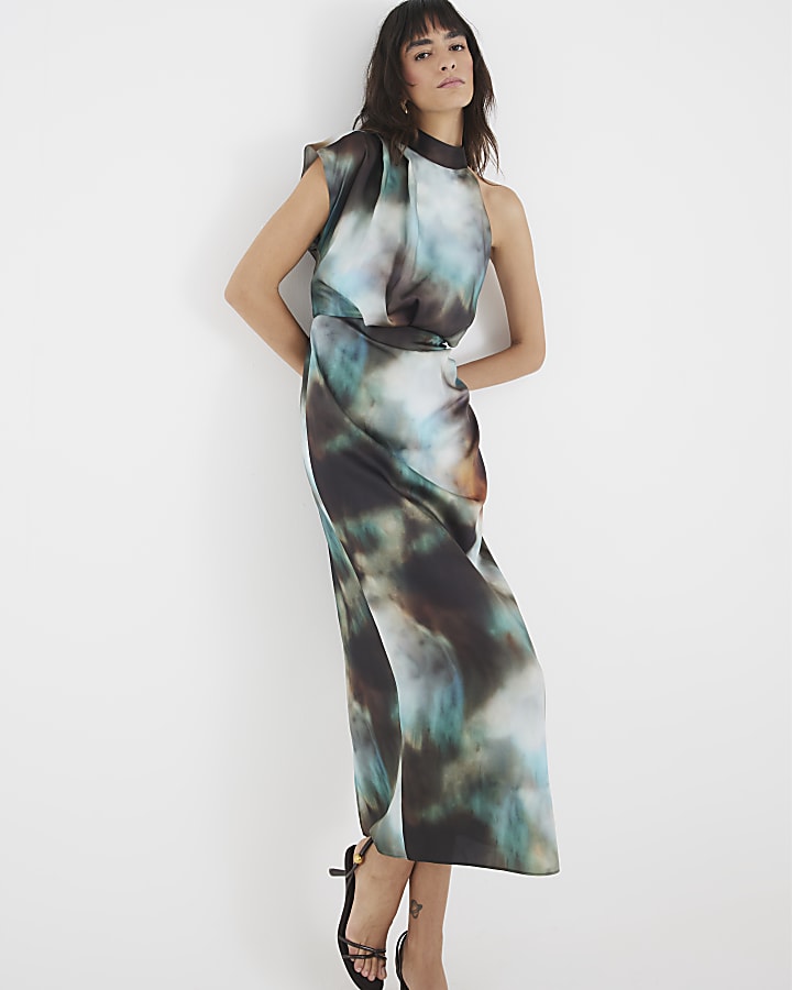Green Satin Printed High Neck Midi Dress