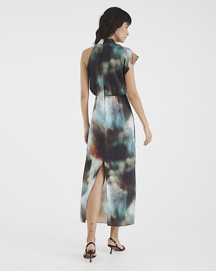 Green Satin Printed High Neck Midi Dress