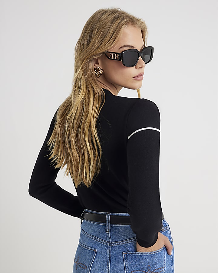 Black Knit Long Sleeve Tipped Bow Jumper