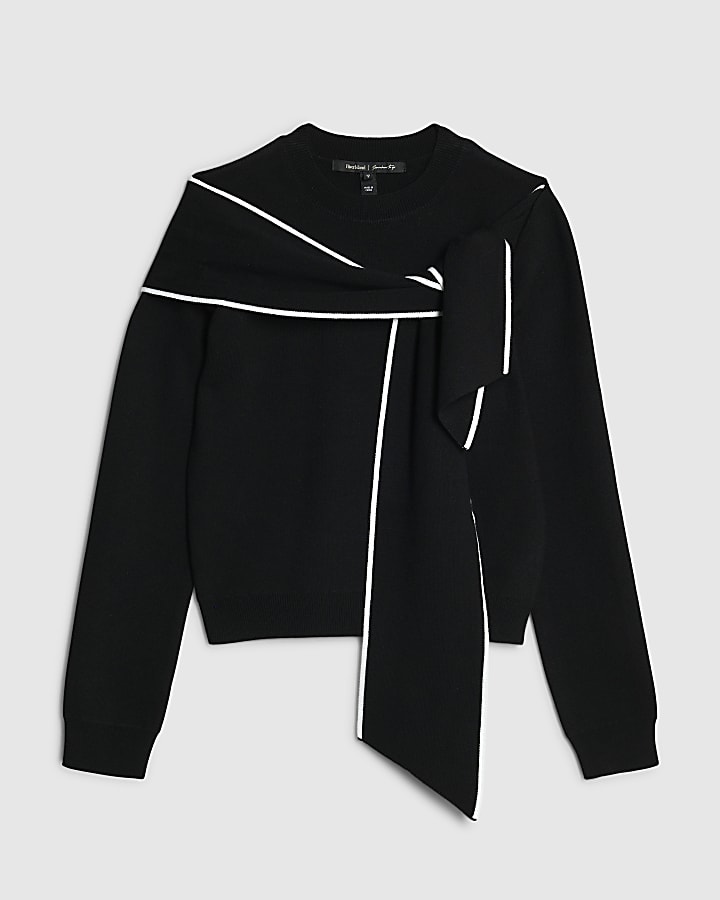 Black Knit Long Sleeve Tipped Bow Jumper