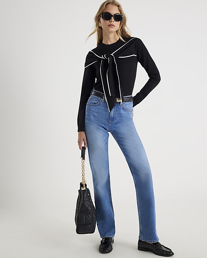 Black Knit Long Sleeve Tipped Bow Jumper