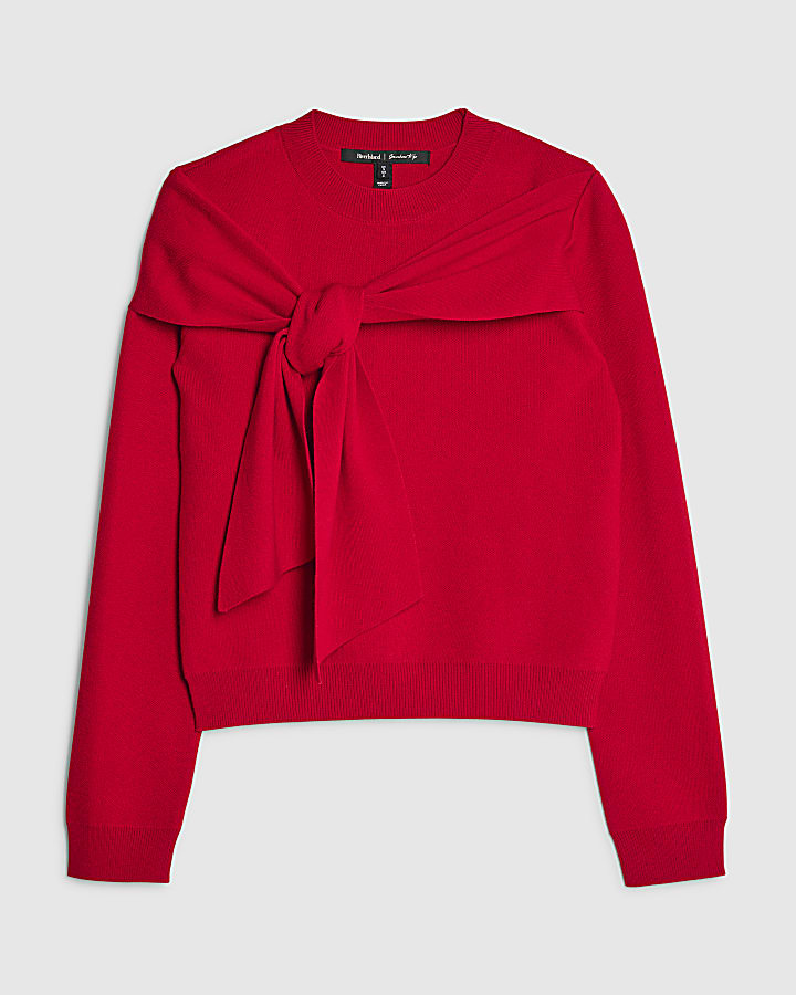 Red Knit Long Sleeve Bow Jumper