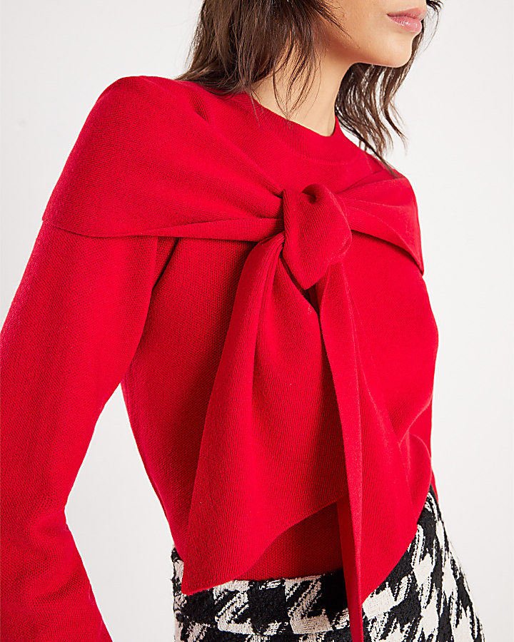 Red Knit Long Sleeve Bow Jumper