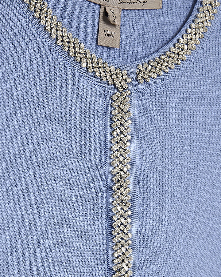 Blue Knit Shoulder Pad Embellished Cardigan