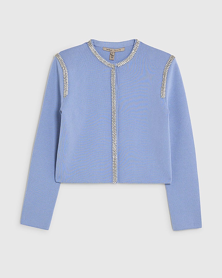Blue Knit Shoulder Pad Embellished Cardigan