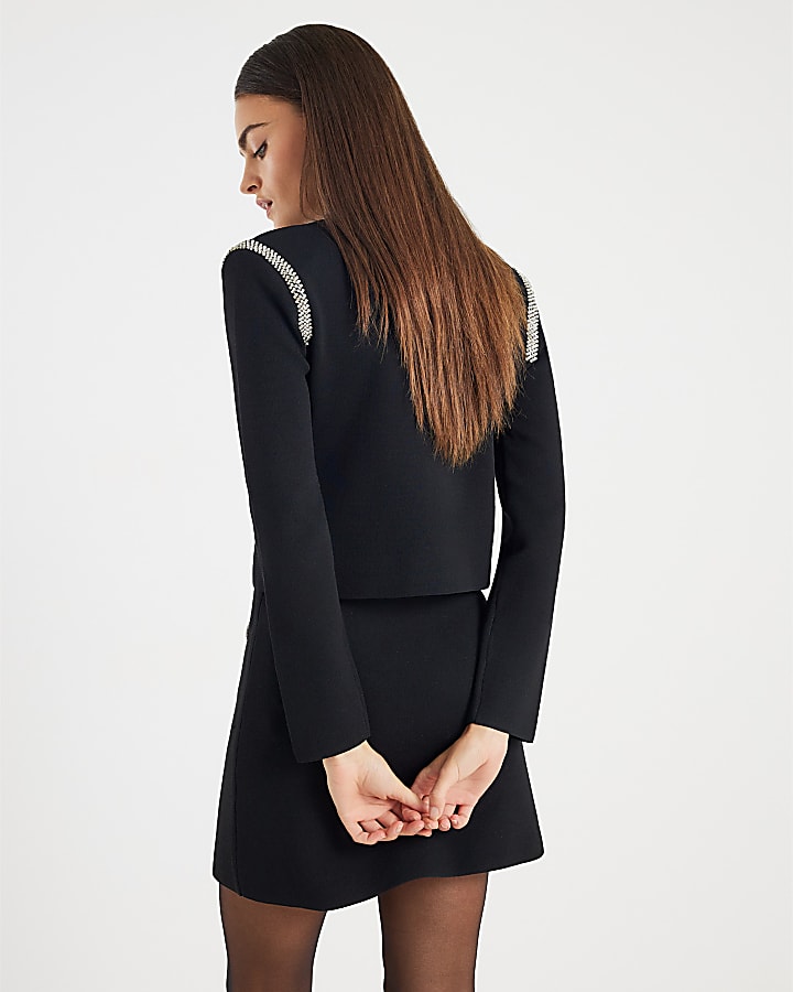 Black Knit Shoulder Pad Embellished Cardigan