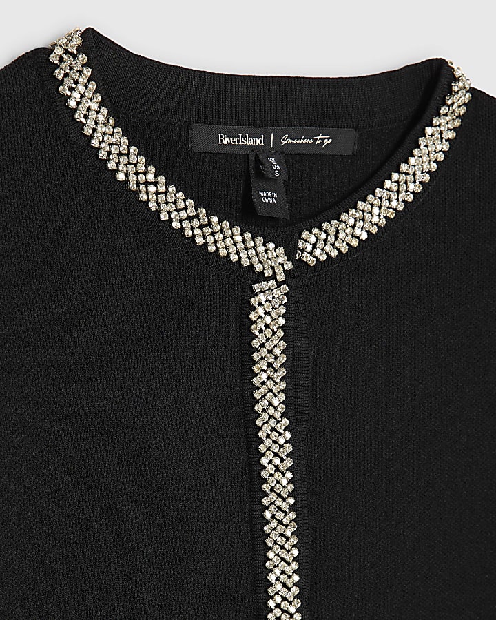 Black Knit Shoulder Pad Embellished Cardigan