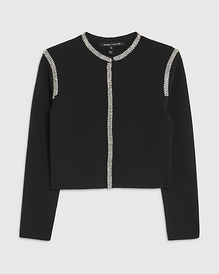 Black Knit Shoulder Pad Embellished Cardigan