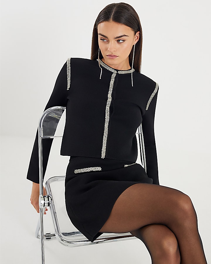 Black Knit Shoulder Pad Embellished Cardigan