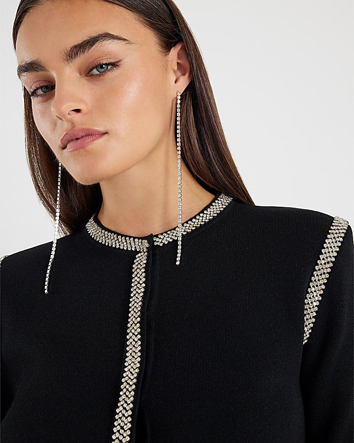 Black Knit Shoulder Pad Embellished Cardigan
