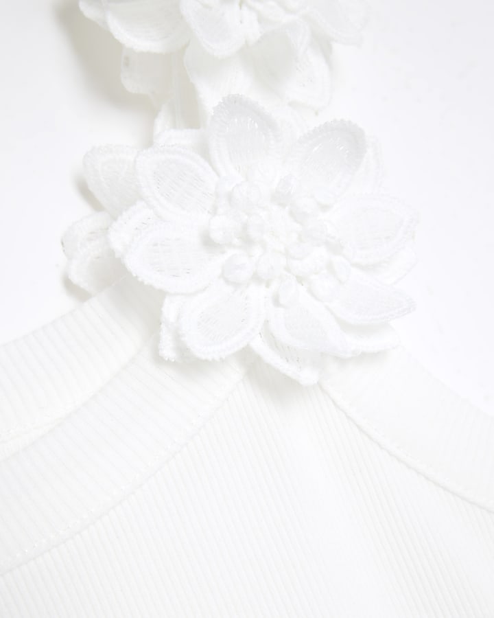 White Sleeveless 3D Floral Ribbed Cami Top