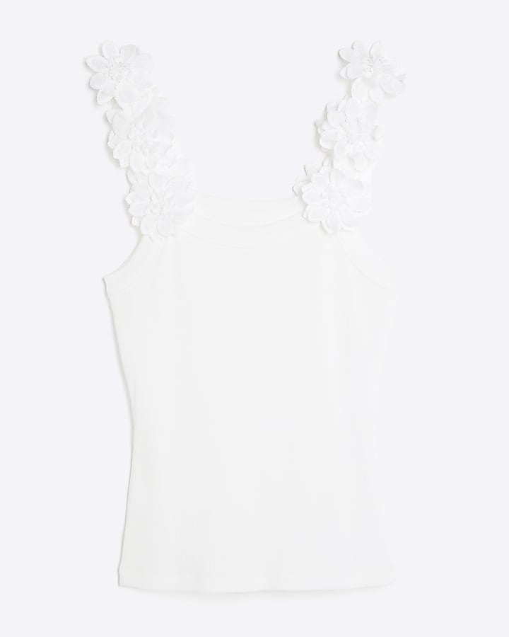White Sleeveless 3D Floral Ribbed Cami Top