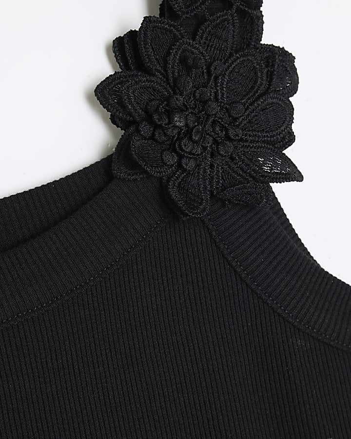 Black Sleeveless 3D Floral Ribbed Cami Top