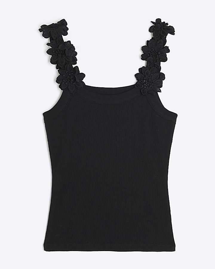 Black Sleeveless 3D Floral Ribbed Cami Top