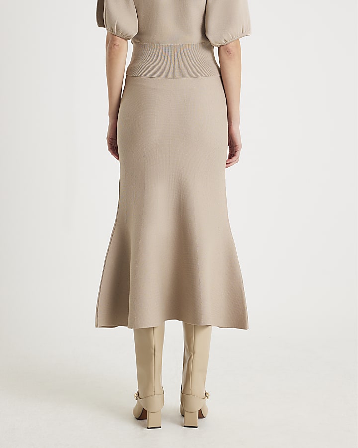 Beige Knit Flared Midi Skirt