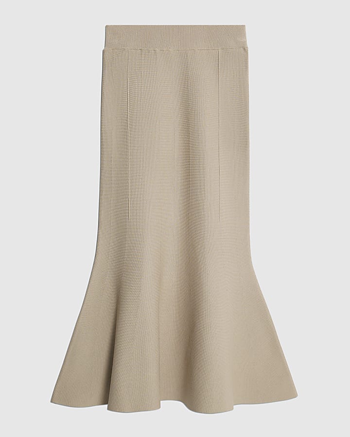 Beige Knit Flared Midi Skirt