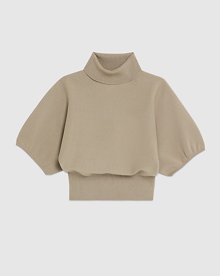 Beige Knit Puff Sleeve Top