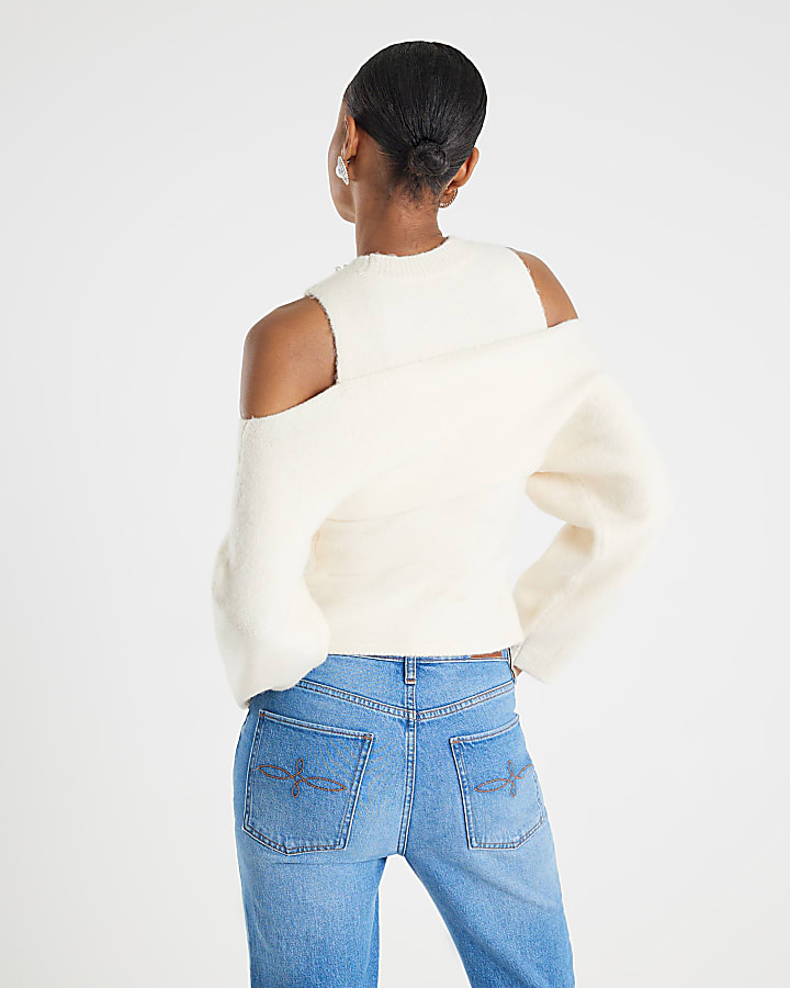 Cream Knitted Cut Out Shoulder Bow Top
