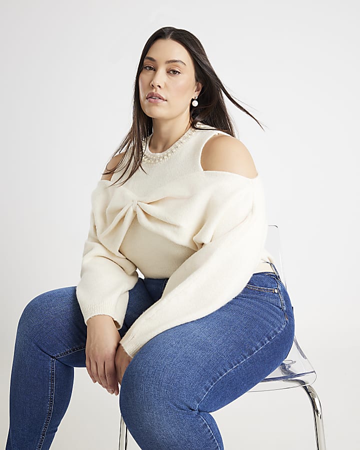 Cream Knitted Cut Out Shoulder Bow Top