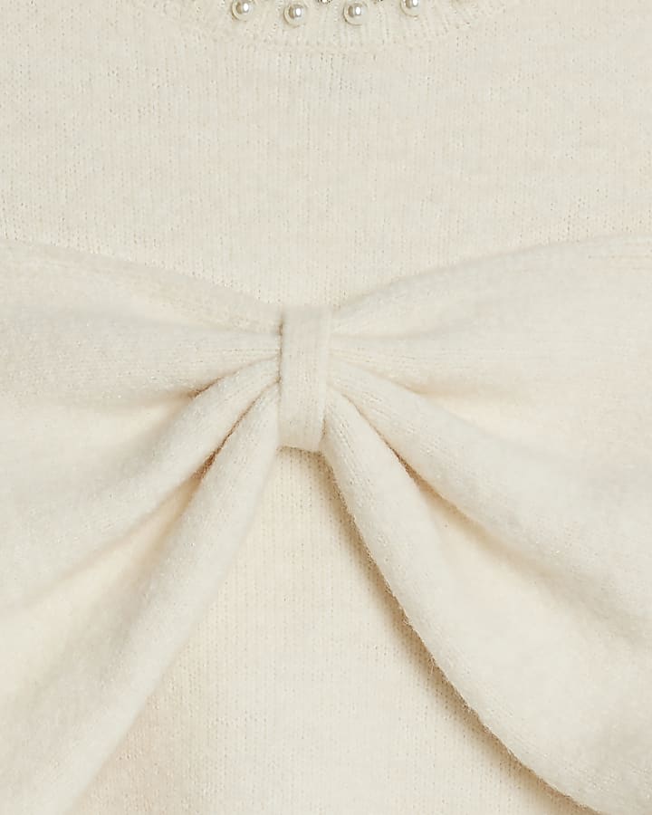 Cream Knitted Cut Out Shoulder Bow Top