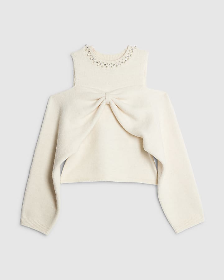 Cream Knitted Cut Out Shoulder Bow Top