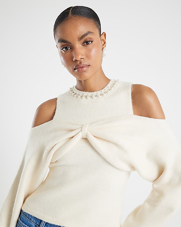 Cream Knitted Cut Out Shoulder Bow Top