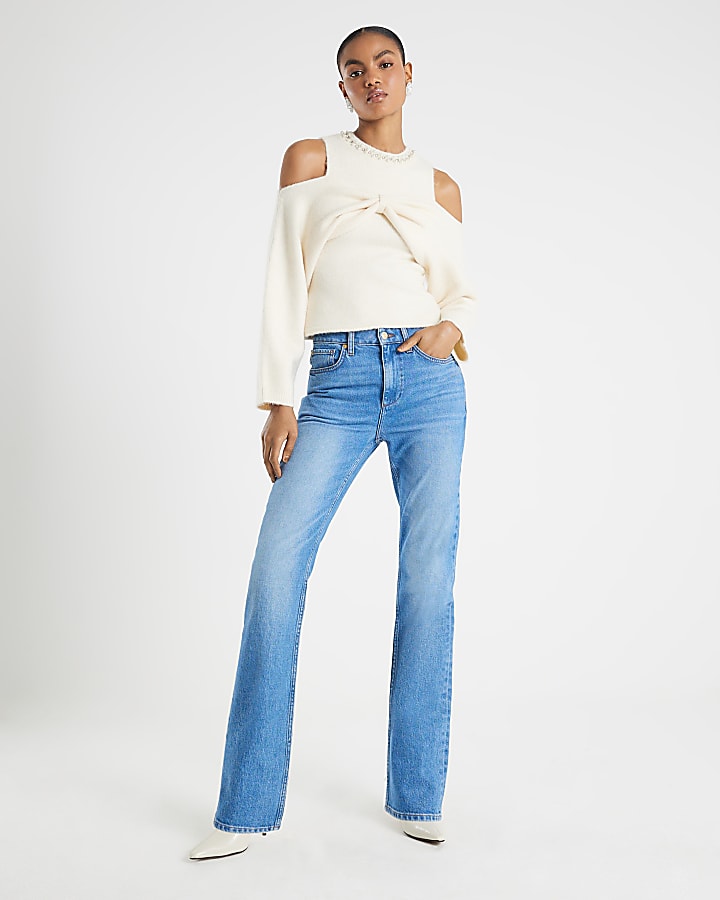 Cream Knitted Cut Out Shoulder Bow Top