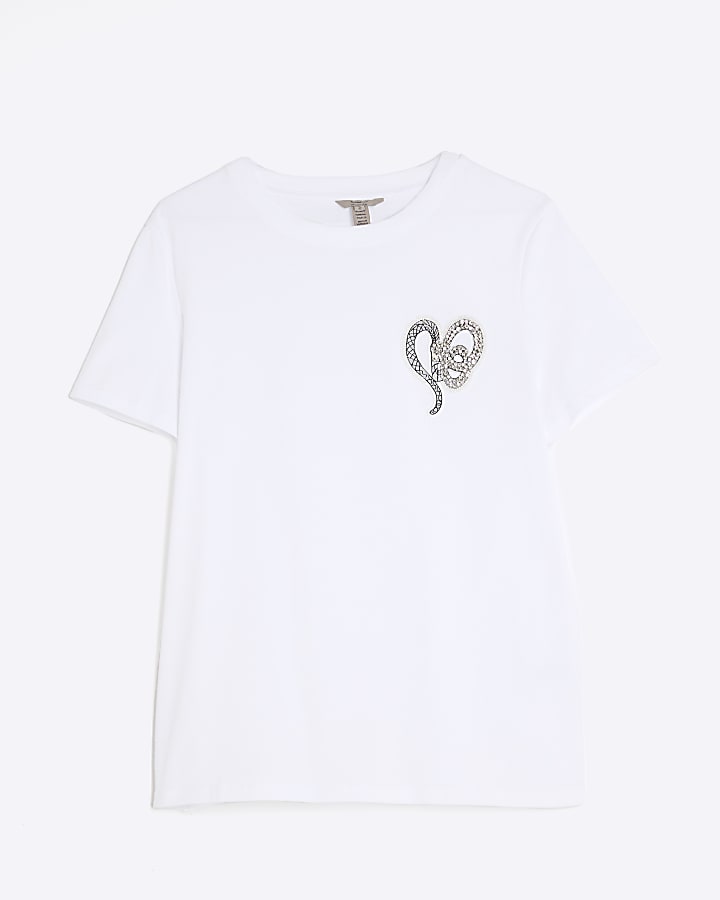White Short Sleeve Snake Detail T-shirt
