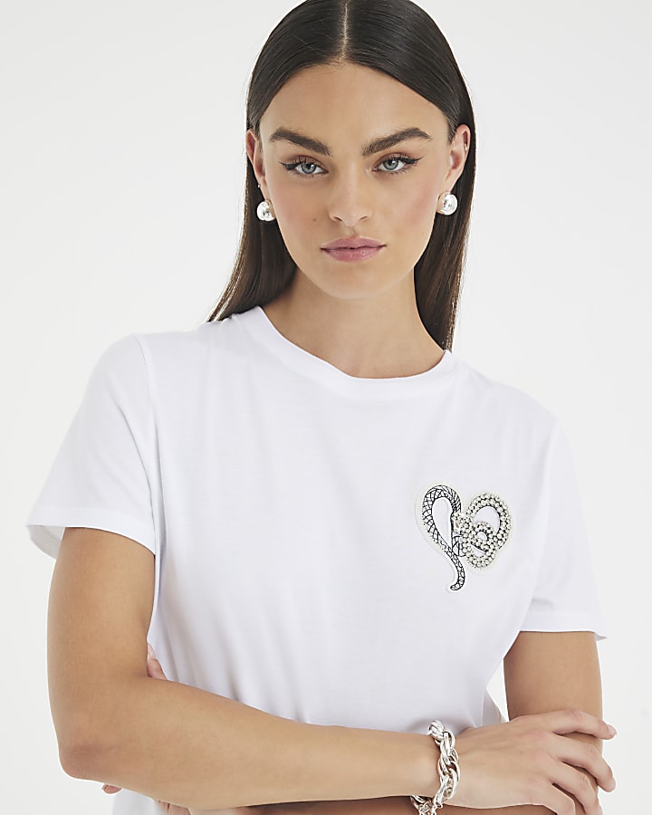 White Short Sleeve Snake Detail T-shirt