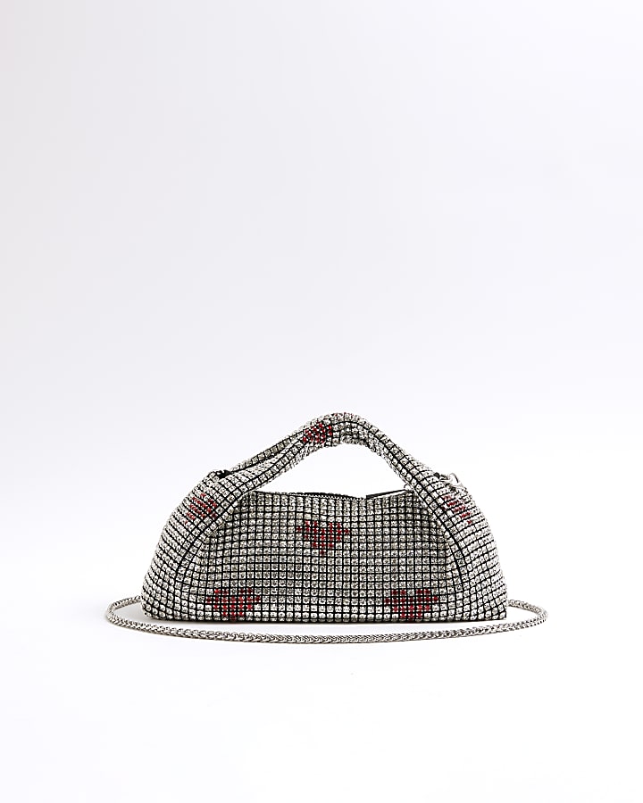Silver Heart Diamante Scoop Clutch Bag