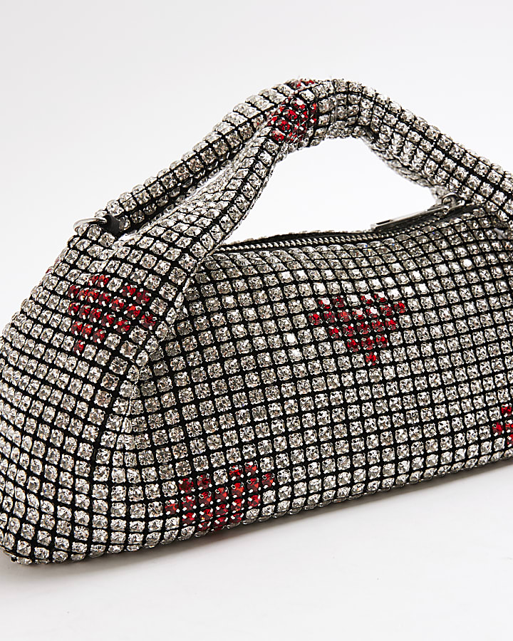Silver Heart Diamante Scoop Clutch Bag