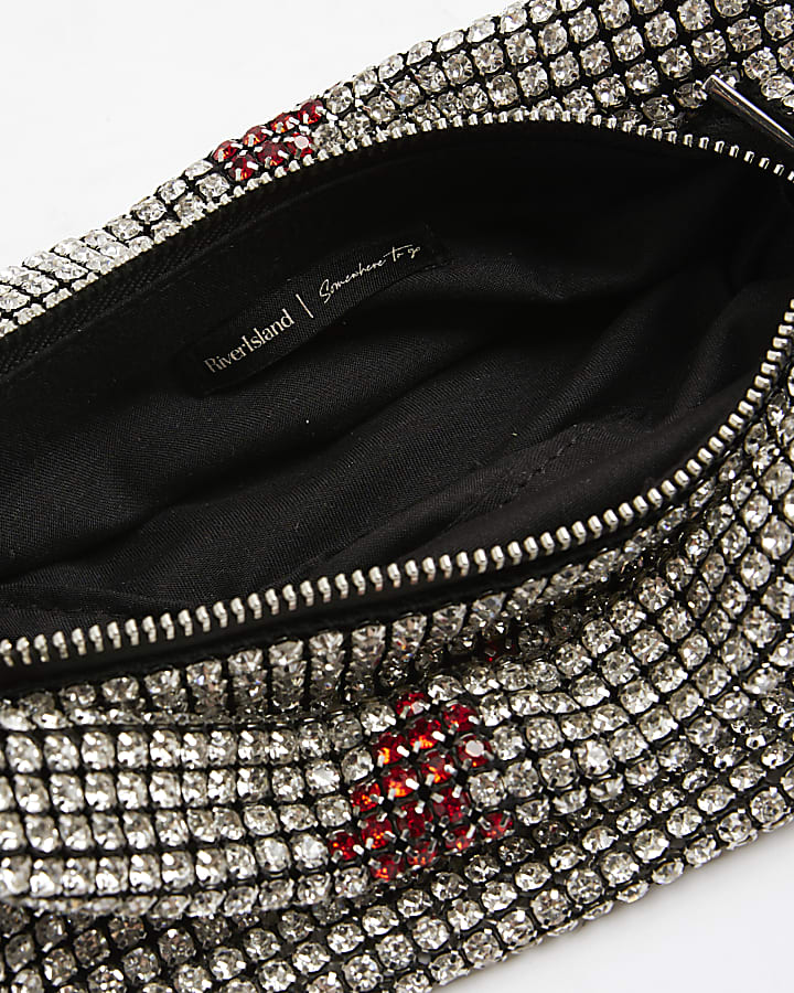 Silver Heart Diamante Scoop Clutch Bag
