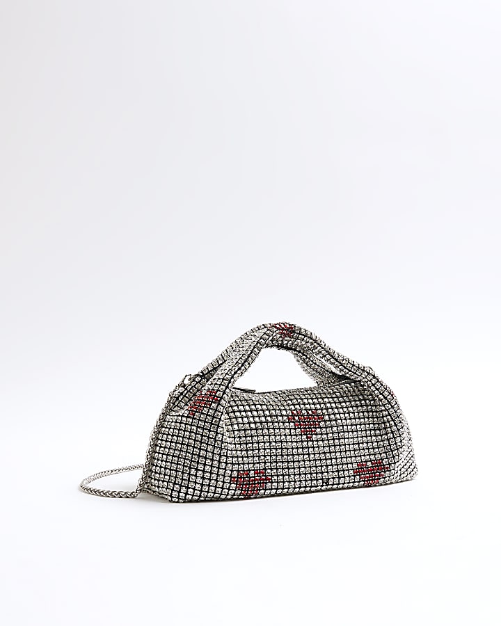 Silver Heart Diamante Scoop Clutch Bag