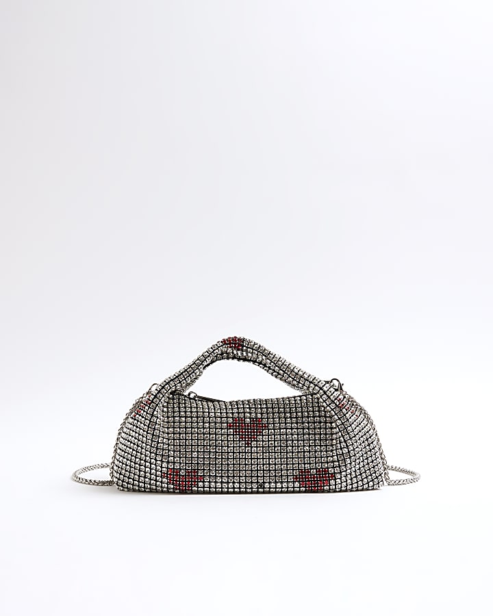 Silver Heart Diamante Scoop Clutch Bag
