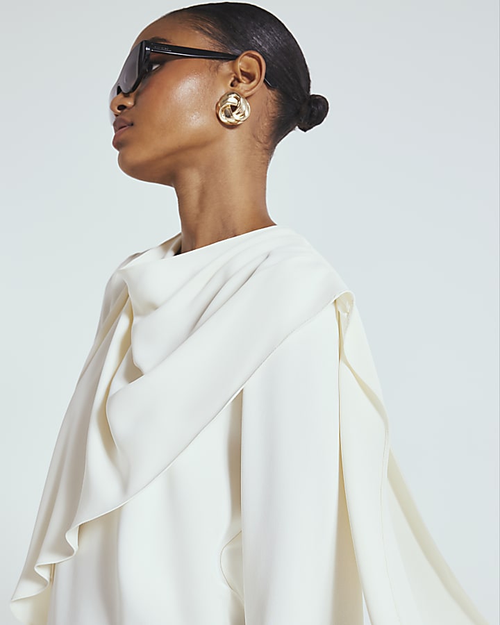 White Cowl Neck Drape Blouse