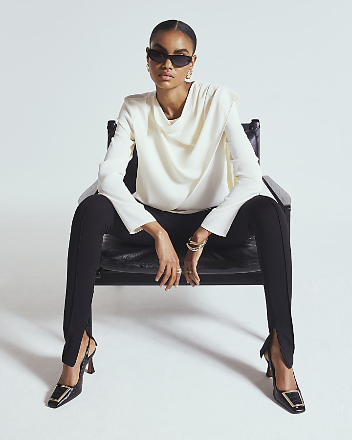White Cowl Neck Drape Blouse