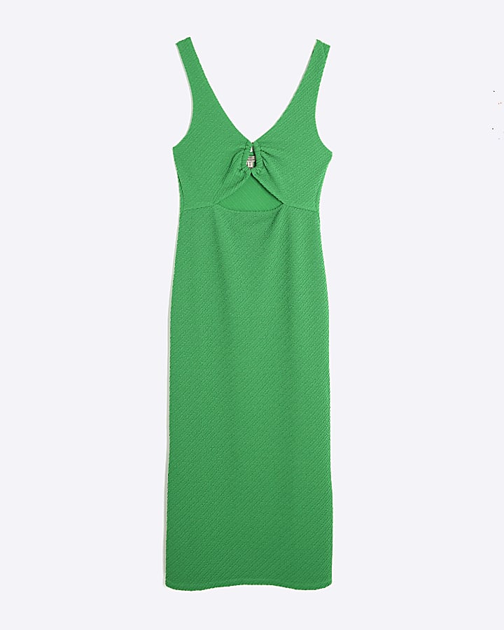 Green Sleeveless Textured Midi Dress