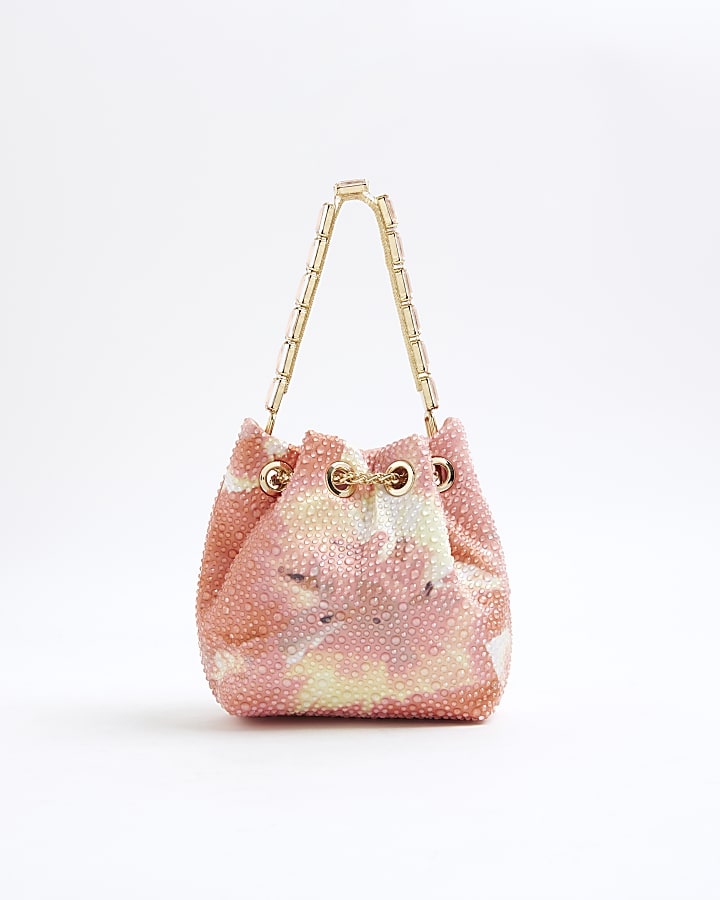 Pink Floral Embellished Bucket Bag