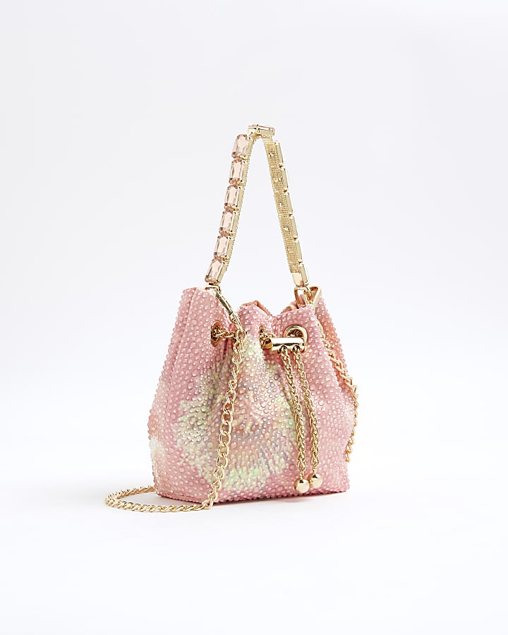 Pink Floral Embellished Bucket Bag