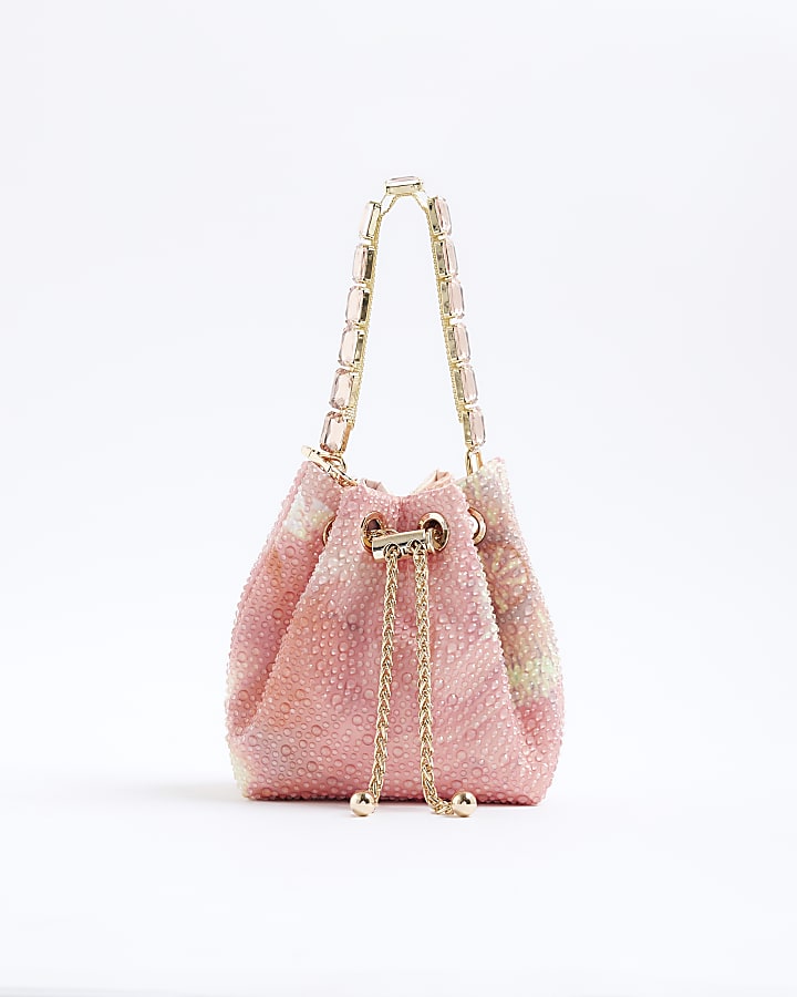 Pink Floral Embellished Bucket Bag