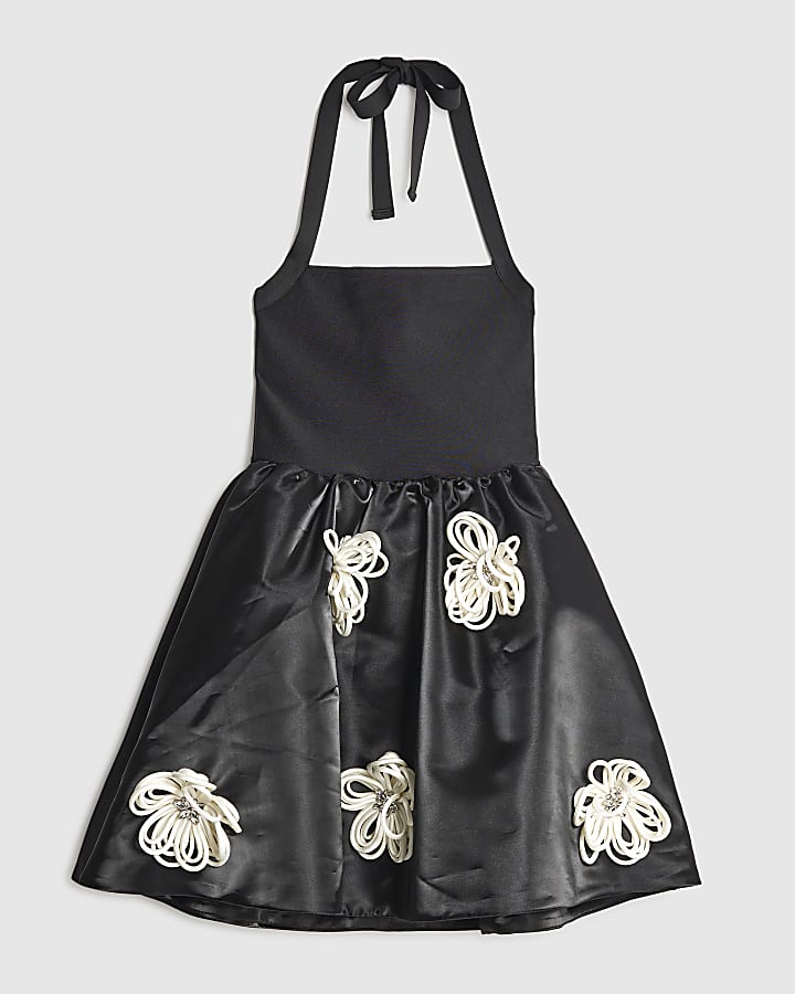 Black Sleeveless 3D Floral Mini Dress