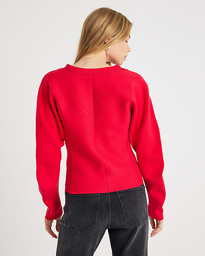 Red Structured Sleeve Knitted Top