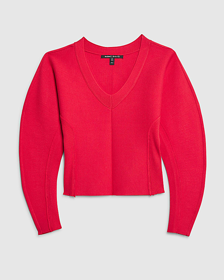 Red Structured Sleeve Knitted Top