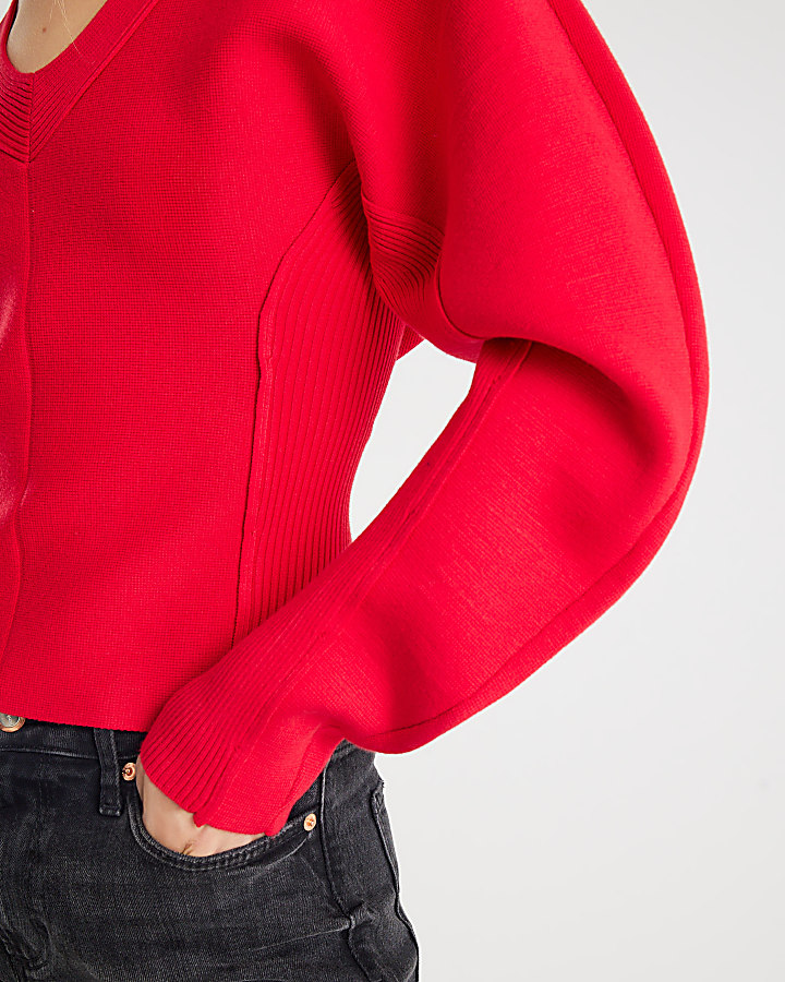 Red Structured Sleeve Knitted Top