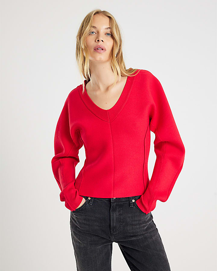 Red Structured Sleeve Knitted Top